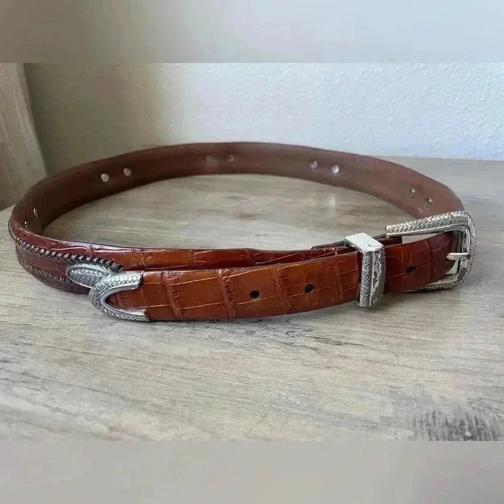 Vintage Cognac Croc-Embossed Leather Belt with Silver-Tone Buckle